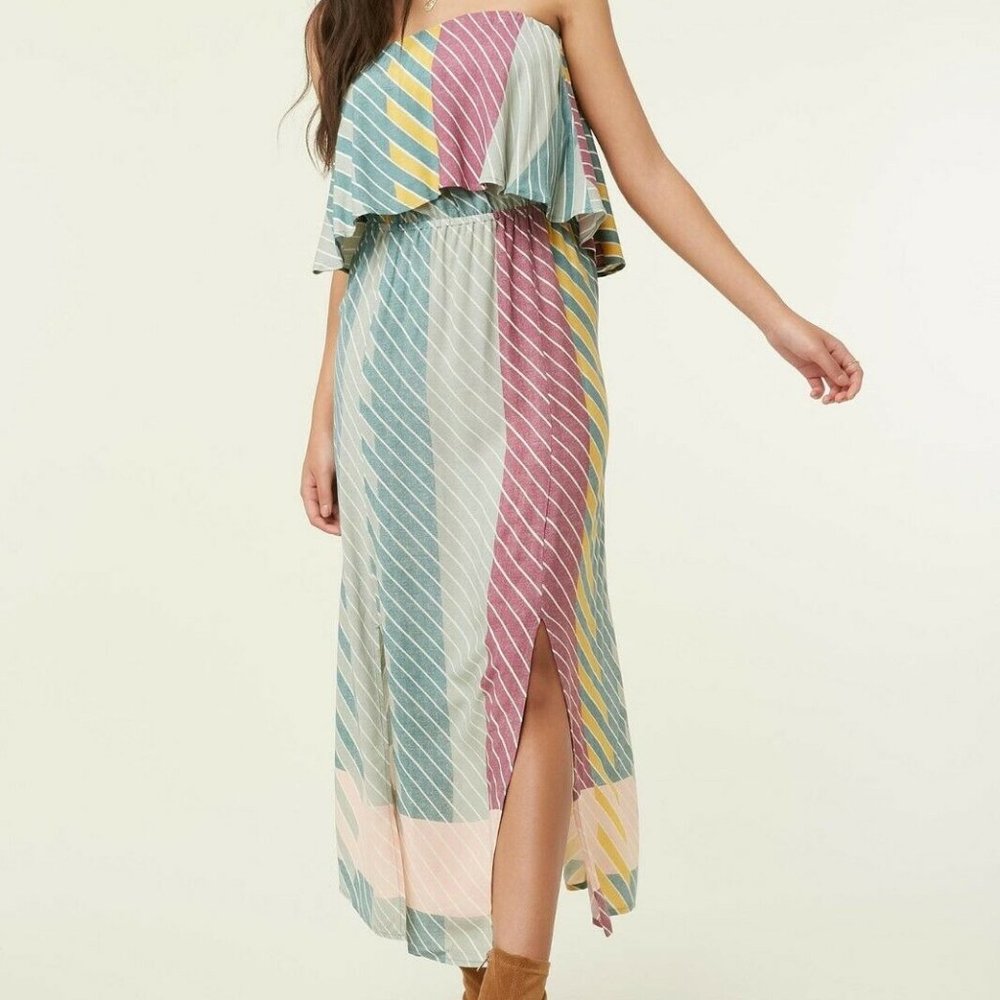 O'NEILL DRESS KOI STRAPLESS FLOWY STRIPE MIDI LEG SLIT BLUE SIZE L